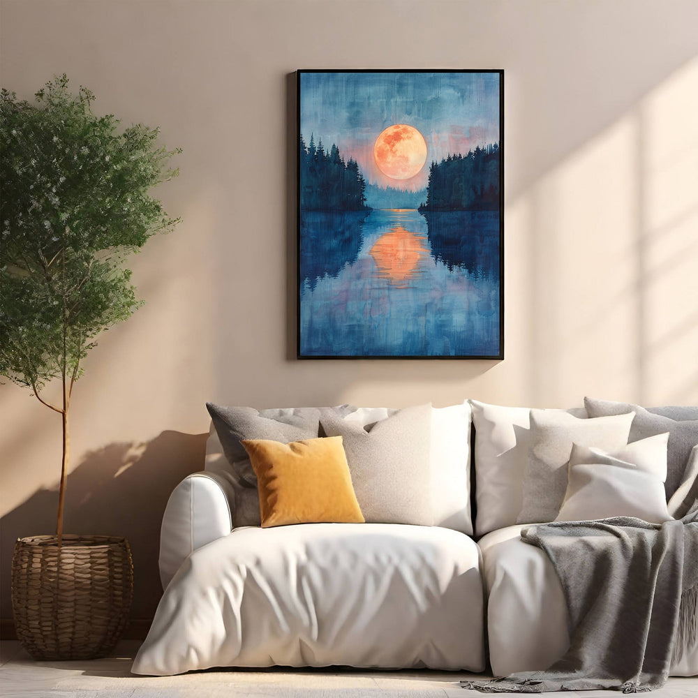 Wadi Home Enchanted Moonlit Lake wall art featuring a large orange moon over a blue lake with pine trees and reflection.