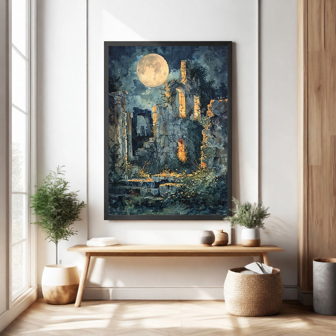 Wadi Home Moonlit Ruins wall art featuring a full moon illuminating overgrown ancient stone ruins with dramatic lighting and dark colors.