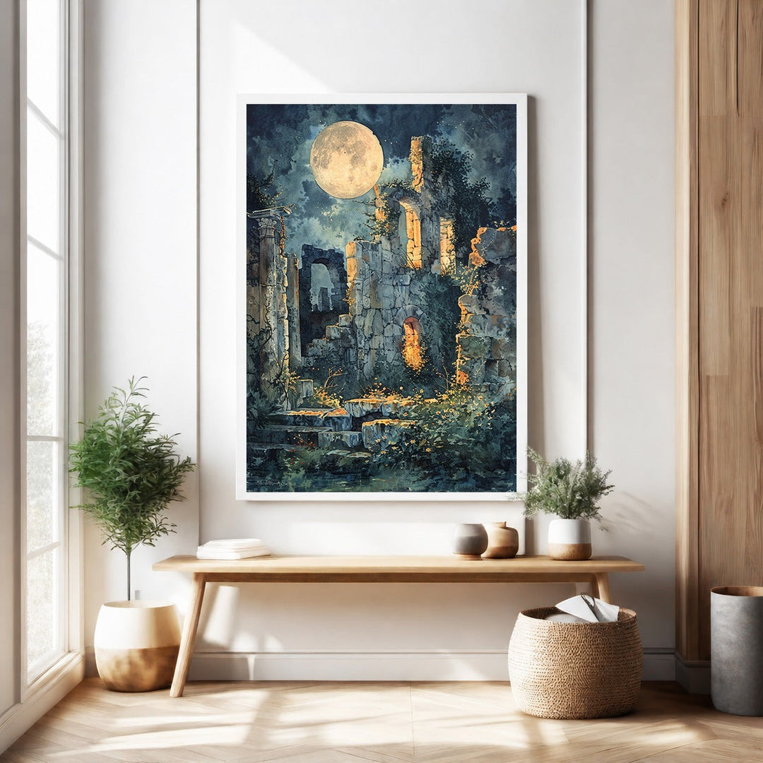 Wadi Home Moonlit Ruins wall art featuring a full moon illuminating overgrown ancient ruins with dramatic lighting and rich, dark colors.