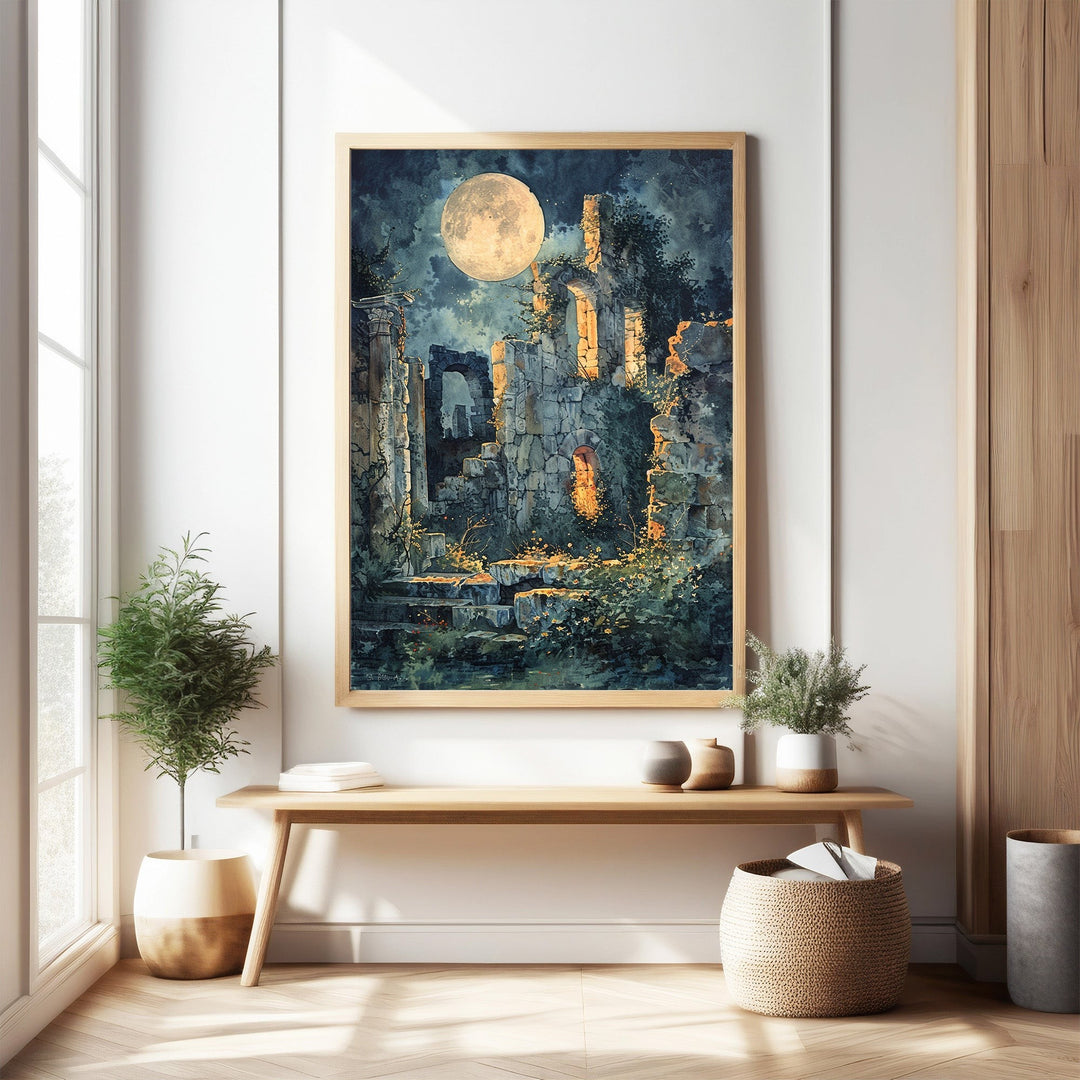 Wadi Home Moonlit Ruins wall art featuring a full moon illuminating overgrown ancient ruins with dramatic lighting and a dark color palette.