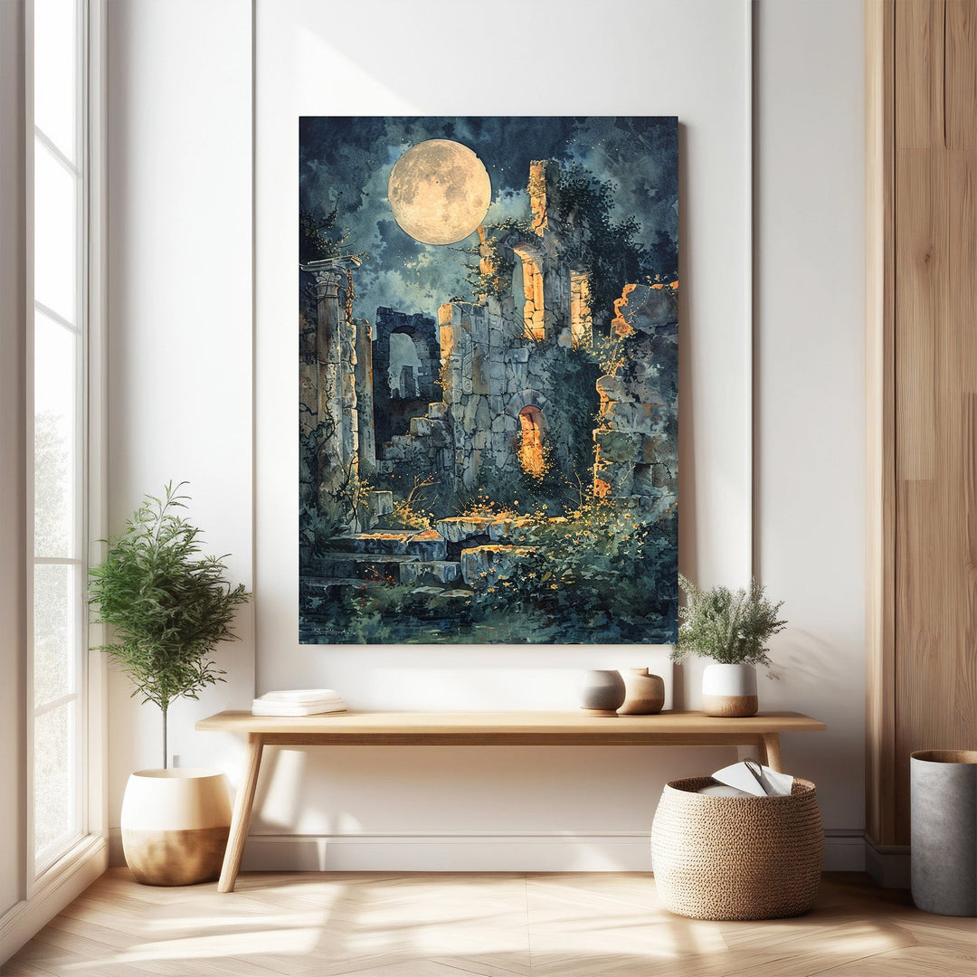 Wadi Home Moonlit Ruins wall art depicts ancient stone ruins illuminated by a large full moon, with overgrown greenery and dramatic lighting.