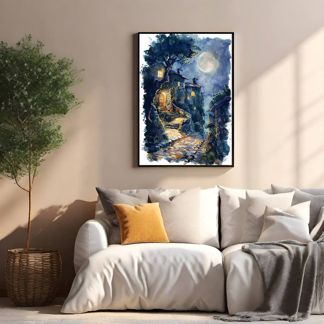 Wadi Home Enchanted Moonlit Village Pathway Wall Art, cobblestone path, quaint cottages, full moon, warm lights, mystical village