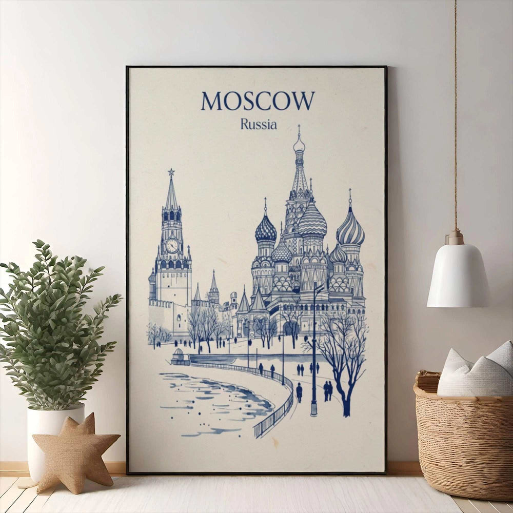 Wadi Home Moscow Russia skyline sketch art print, blue and white illustration of St. Basil's Cathedral and Kremlin.