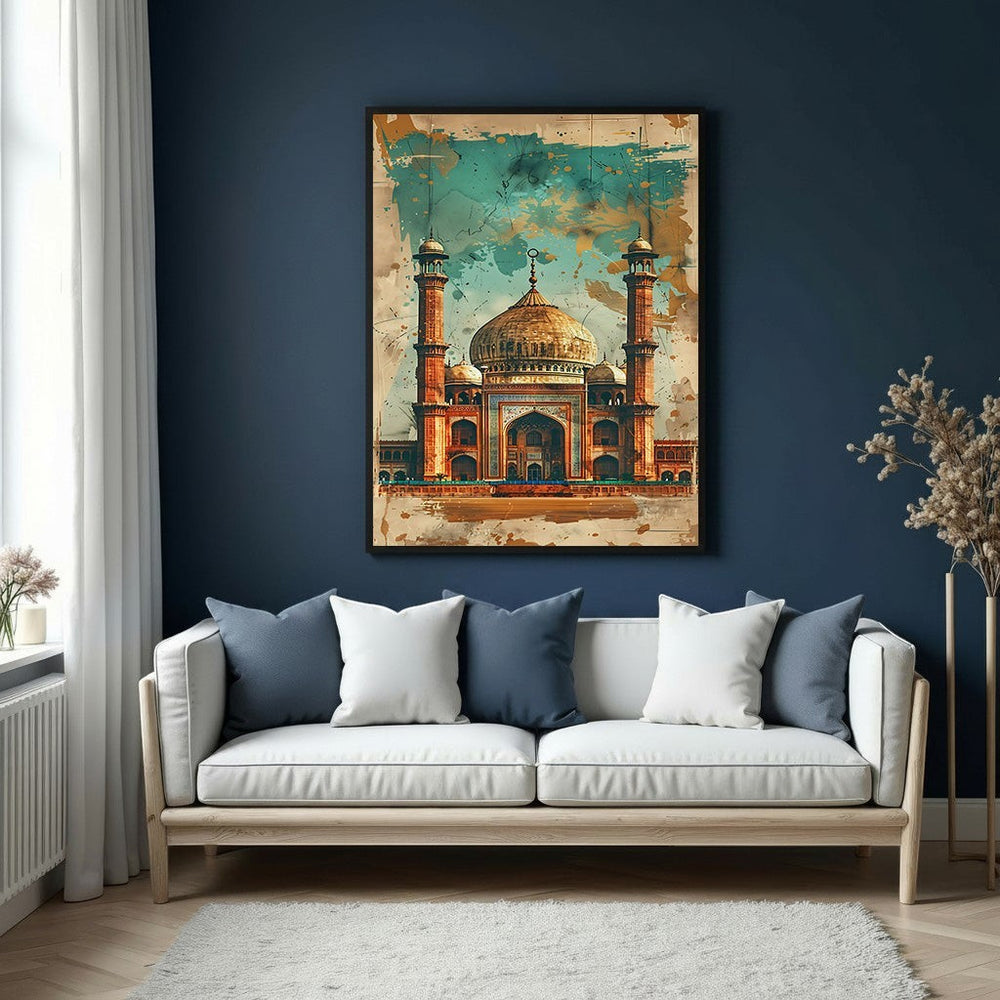 Wadi Home majestic mosque canvas wall art with intricate details and earthy tones, framed in black.