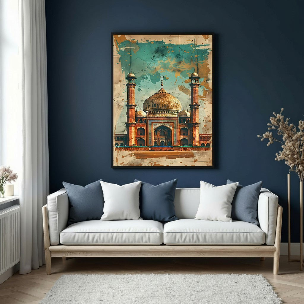 Wadi Home majestic mosque canvas wall art with intricate details and earthy tones, framed in black.
