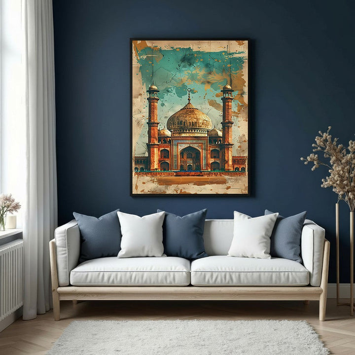 Wadi Home majestic mosque canvas wall art with intricate details and earthy tones, framed in black.