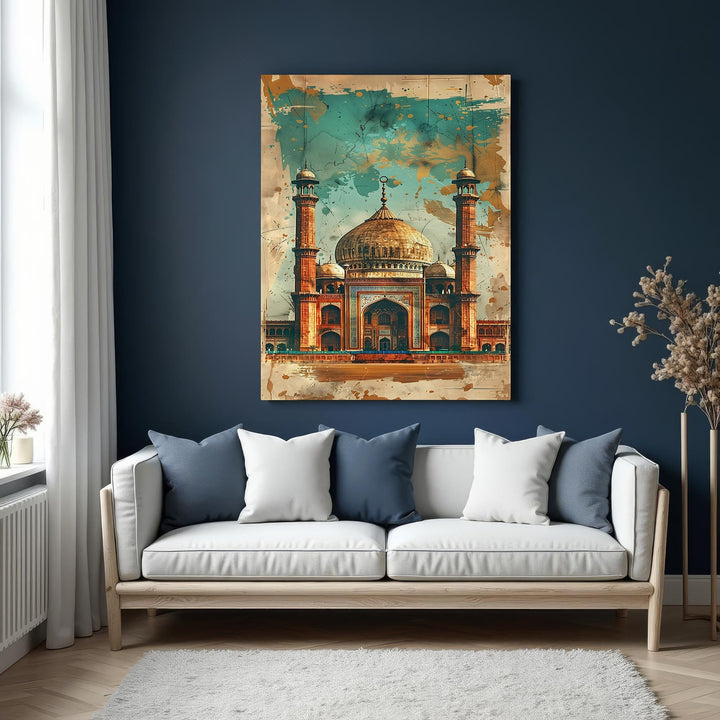 Wadi Home majestic mosque canvas wall art with intricate details and earthy tones, displayed above a white sofa.
