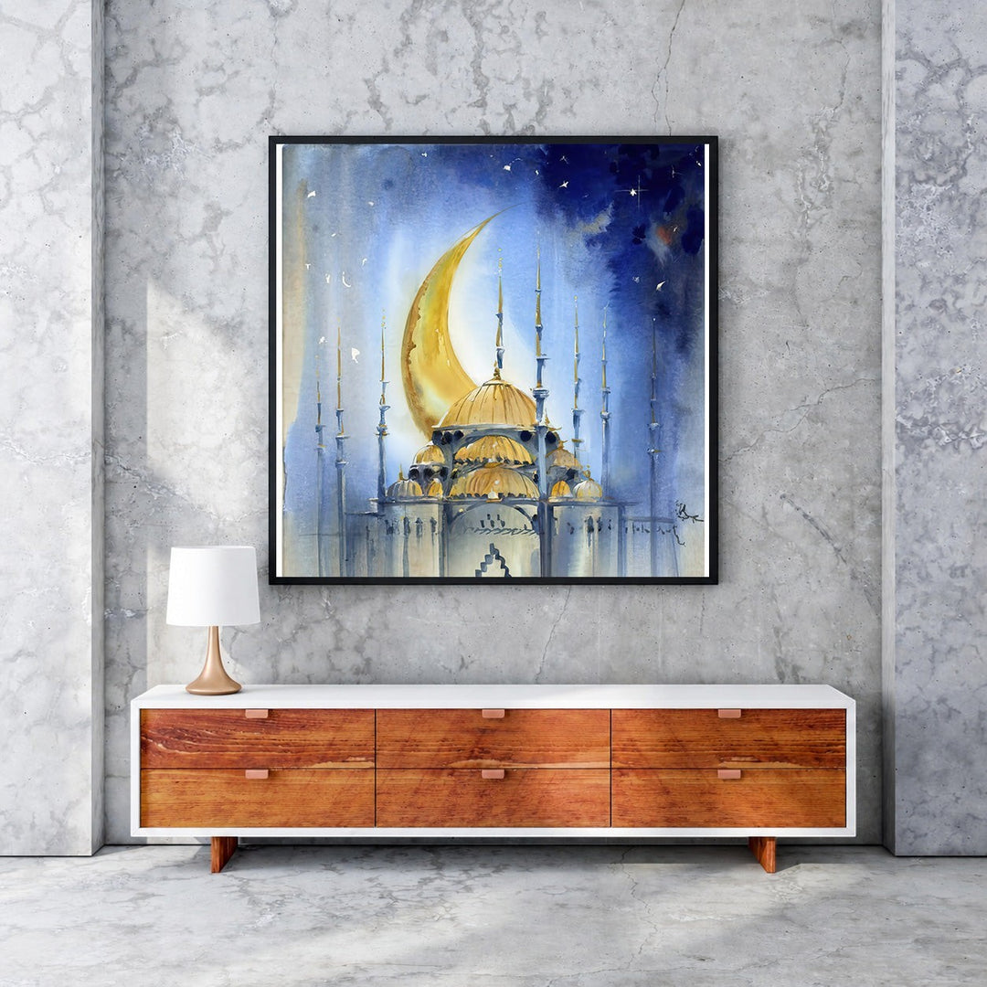 Wadi Home mosque under crescent moon watercolor wall art. Golden domes and minarets against a starry blue night sky.