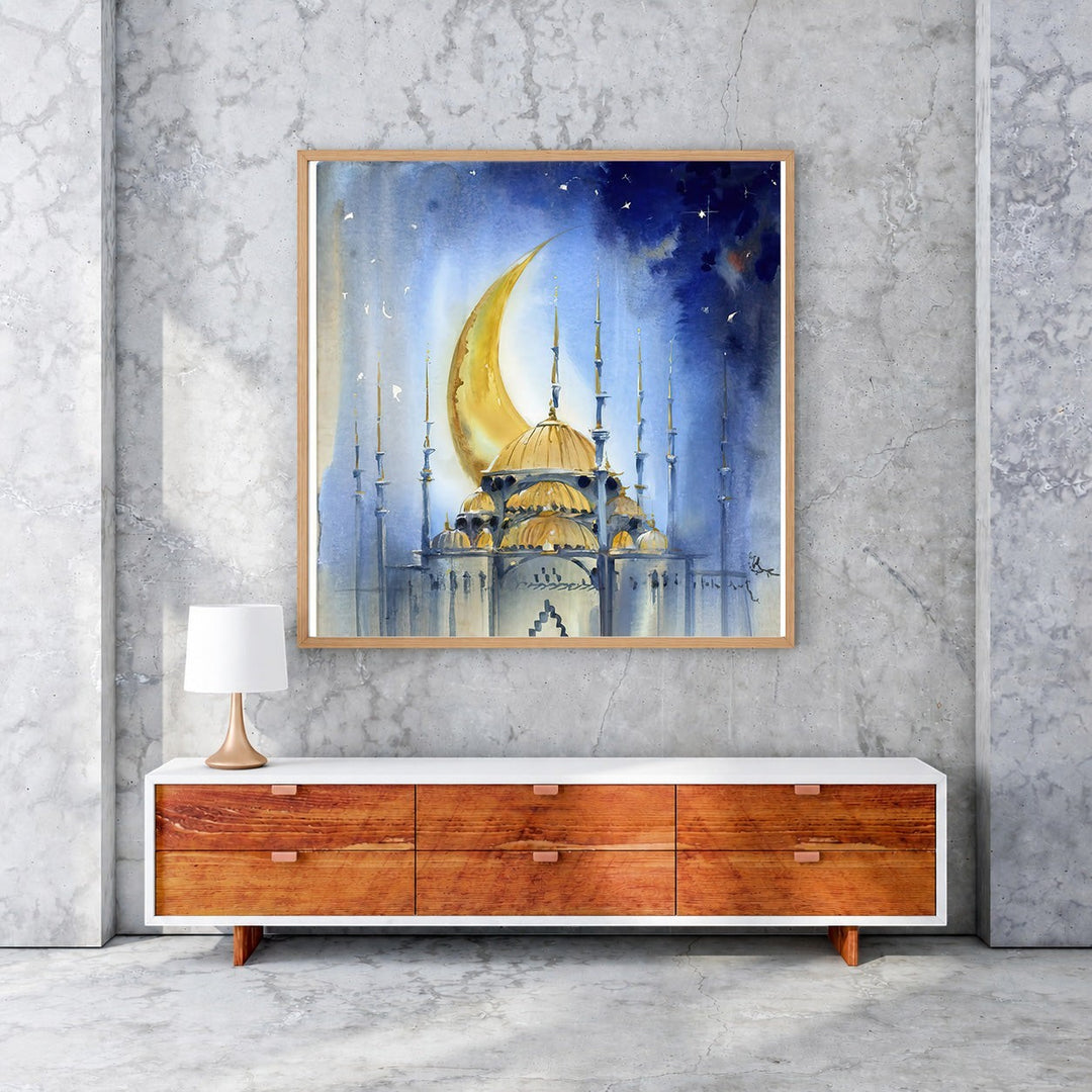 Wadi Home mosque under crescent moon watercolor wall art with golden domes and blue starry night sky.