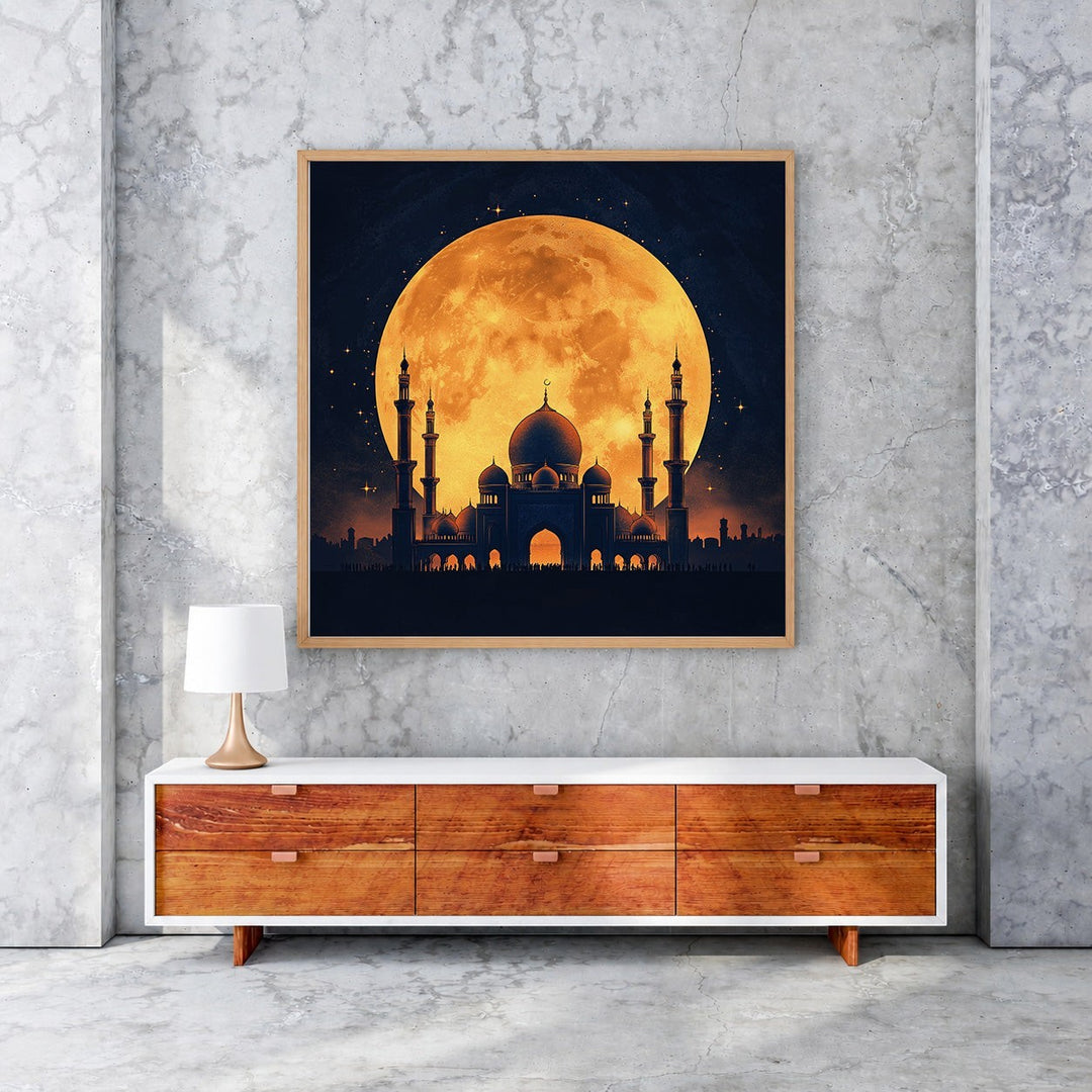 Wadi Home mosque silhouette art with a full moon and stars, framed in wood. Islamic wall art.