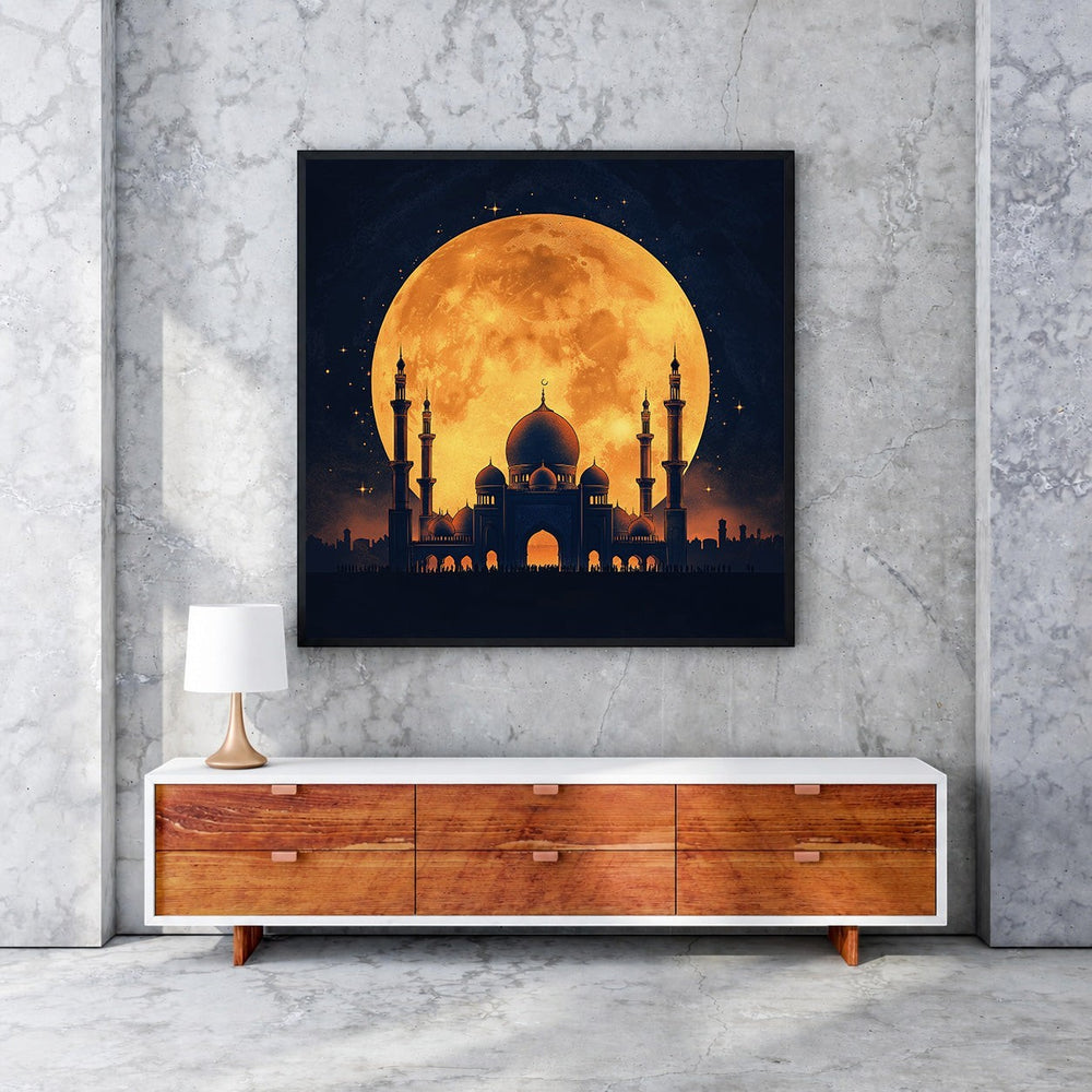 Wadi Home mosque silhouette art featuring a dark blue mosque against a large, glowing orange full moon.