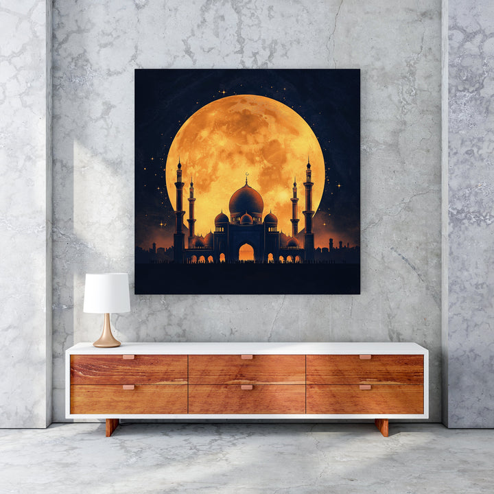 Wadi Home mosque silhouette art with a full moon and stars. Islamic wall art.