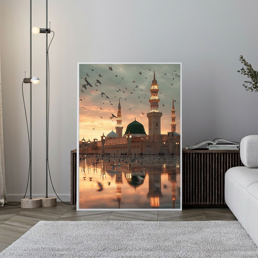 Wadi Home Islamic wall art print of a mosque with green dome and minarets reflected in water at sunset, with birds flying.