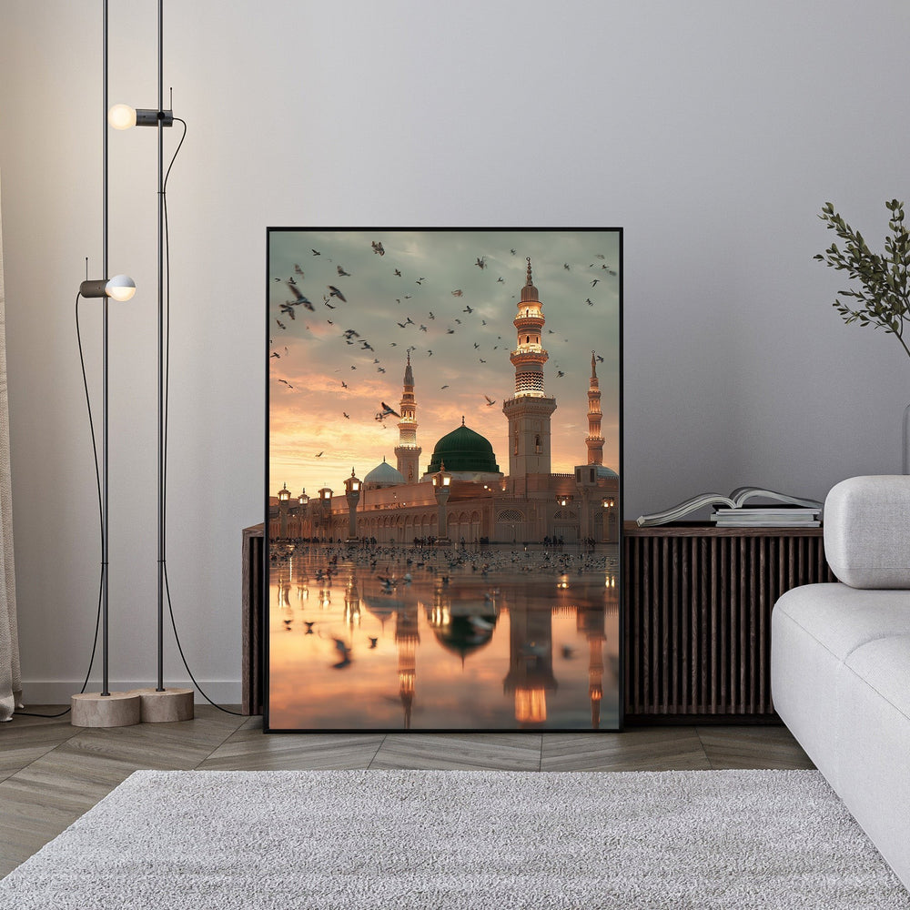 Wadi Home Mosque Reflection Wall Art featuring a green domed mosque at sunset with birds flying and reflection in water.