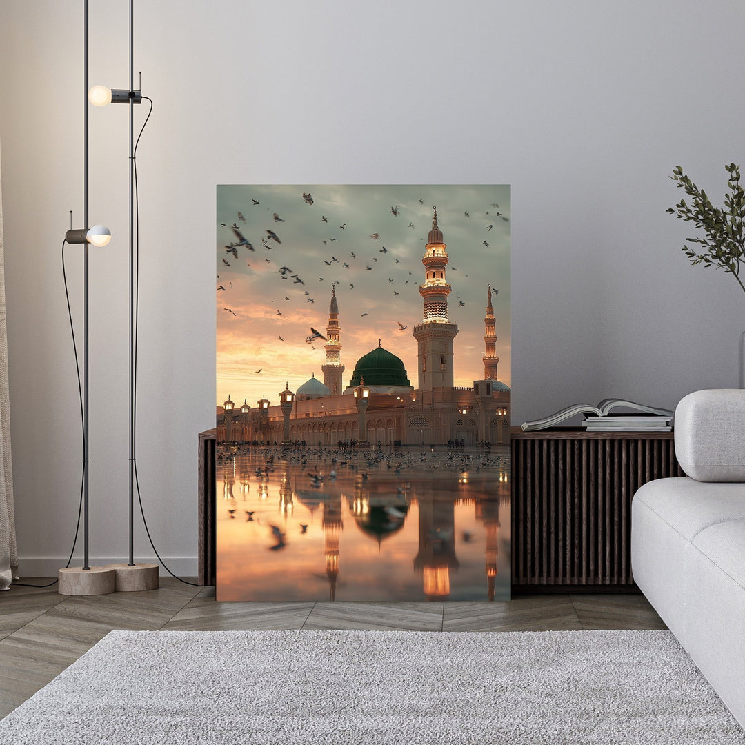 Wadi Home Mosque Reflection Wall Art featuring a green-domed mosque at sunset with birds flying and its reflection on water.