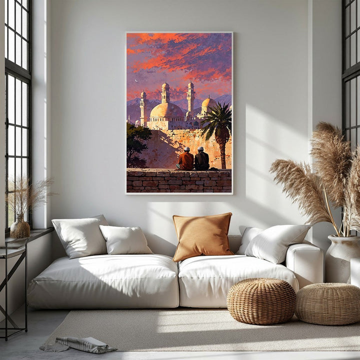 Wadi Home mosque sunset wall art with vibrant orange, purple, and pink sky, featuring Islamic architecture and two people sitting.