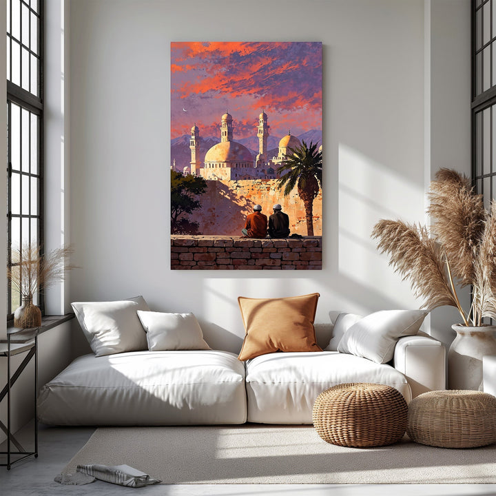 Wadi Home mosque sunset wall art with vibrant orange, purple, and pink sky, featuring Islamic architecture, mountains, and a palm tree.
