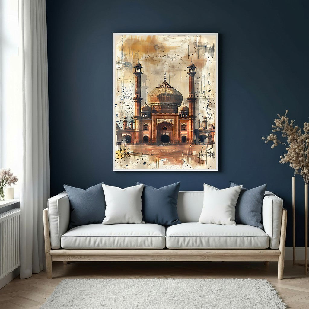 Wadi Home watercolor wall art of a majestic mosque in warm earthy tones with intricate architectural details.