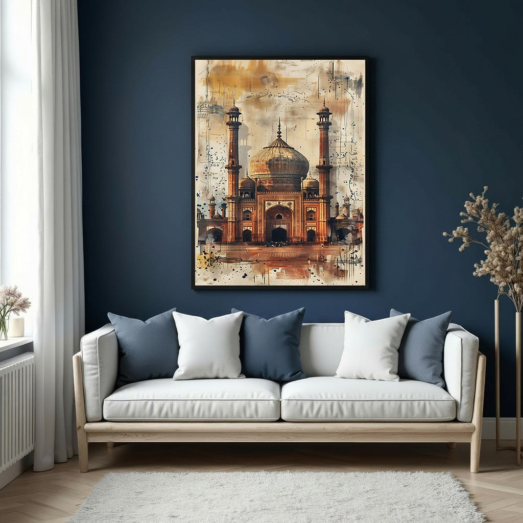 Wadi Home watercolor wall art of a majestic mosque in warm earthy tones, framed and hung above a white sofa.