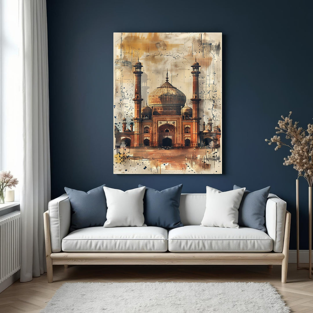 Wadi Home watercolor wall art of a majestic mosque in warm earthy tones with intricate architectural details.