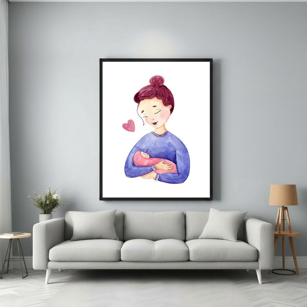 Wadi Home watercolor art print of a mother holding her baby, with a pink heart. Soft blue and pink tones.