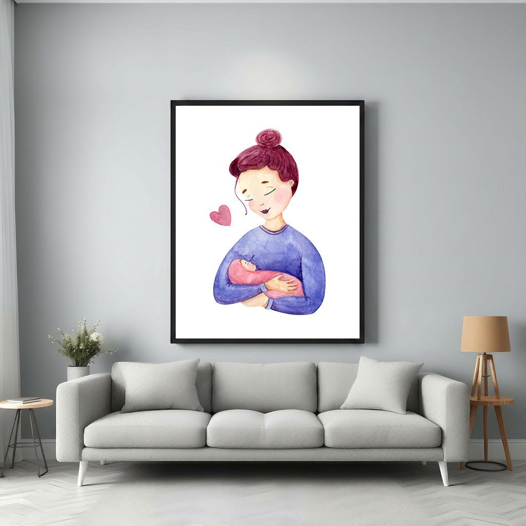 Wadi Home watercolor art print of a mother holding her baby, with a pink heart. Soft blue and pink tones.