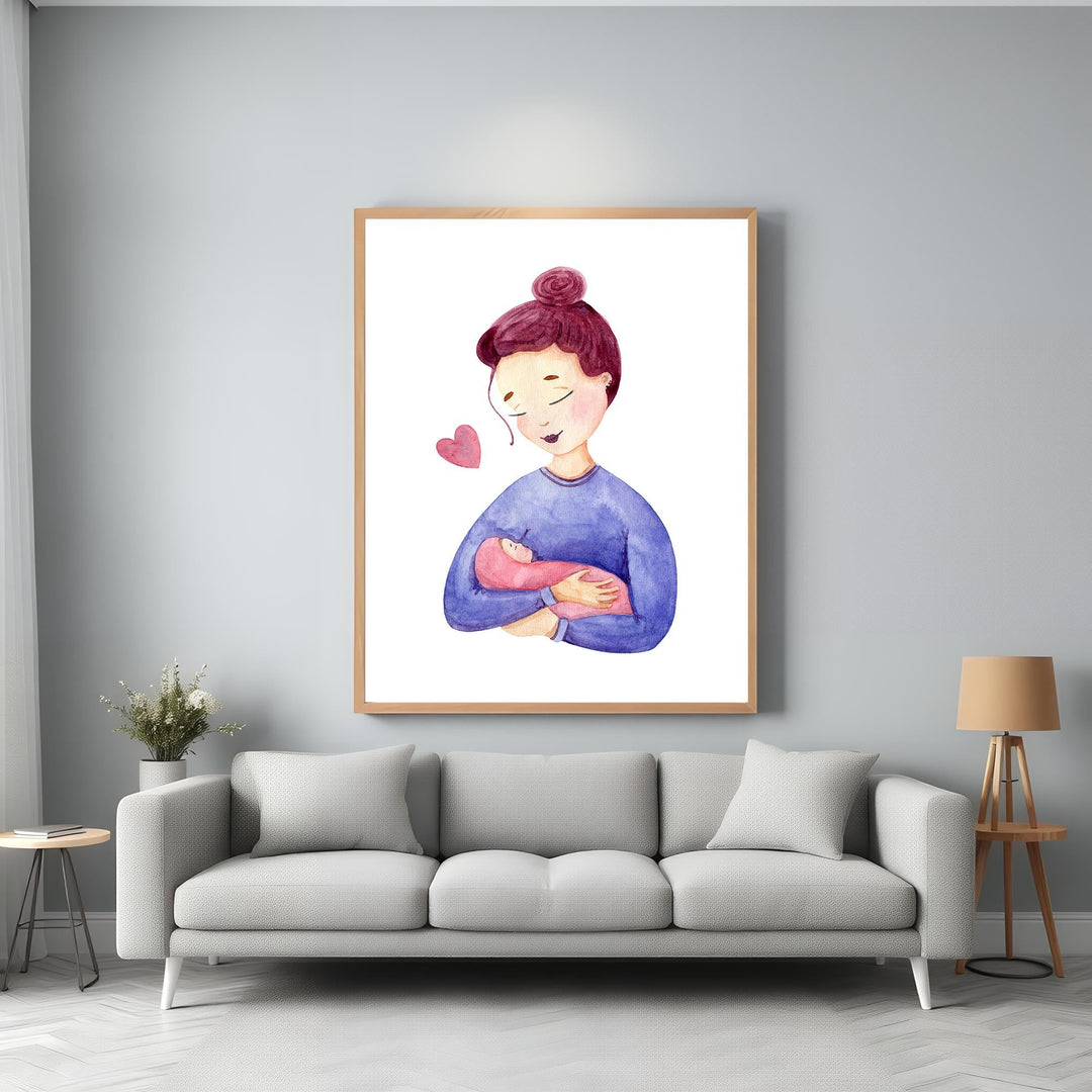 Wadi Home watercolor art print of a mother holding her baby, with a pink heart. Soft blues and pinks.