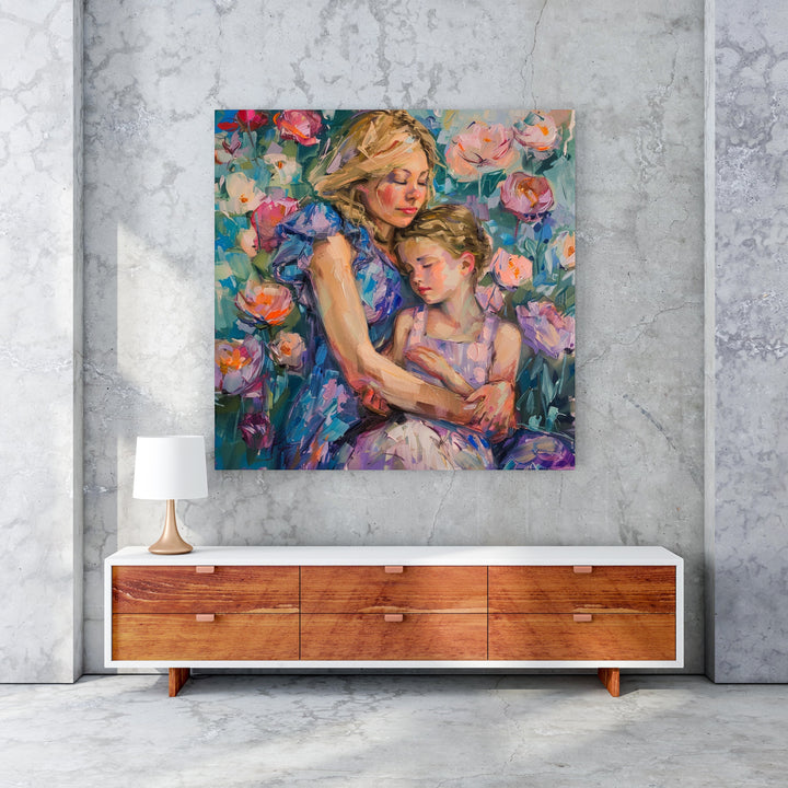 Wadi Home mother and child embrace floral artwork painting with pink, purple, and blue flowers. Impressionistic style.
