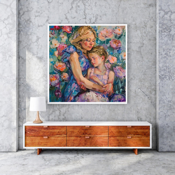 Wadi Home mother and child embrace floral artwork painting with pink, purple, and blue flowers. Impressionistic style.
