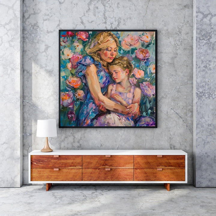 Wadi Home mother and child embrace floral artwork painting with pink, purple, and blue flowers. Impressionistic style.