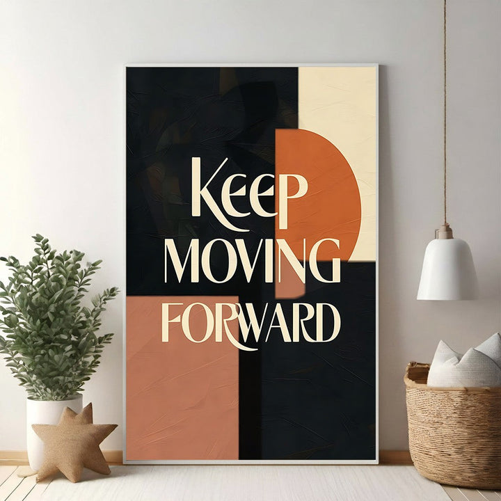 Wadi Home abstract wall art with "Keep Moving Forward" text in cream on terracotta, cream, and charcoal.