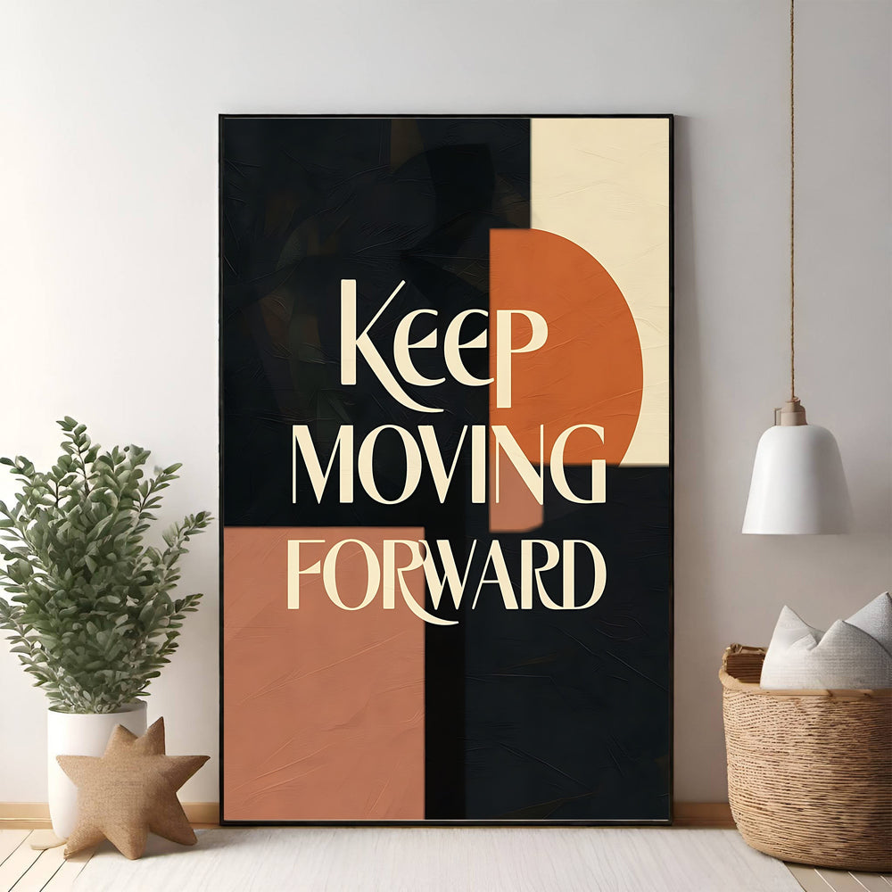 Wadi Home motivational wall art with 'Keep Moving Forward' in cream text on abstract terracotta, cream, and charcoal background.