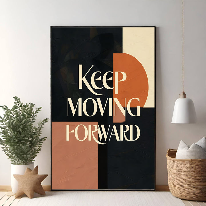 Wadi Home motivational wall art with 'Keep Moving Forward' in cream text on abstract terracotta, cream, and charcoal background.
