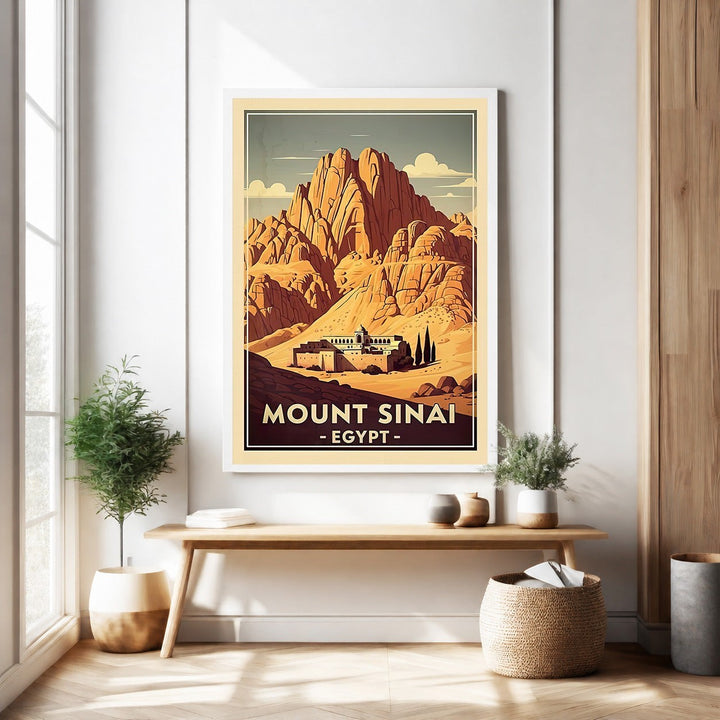 Wadi Home vintage Mount Sinai Egypt travel poster featuring a desert landscape with a prominent mountain and monastery.