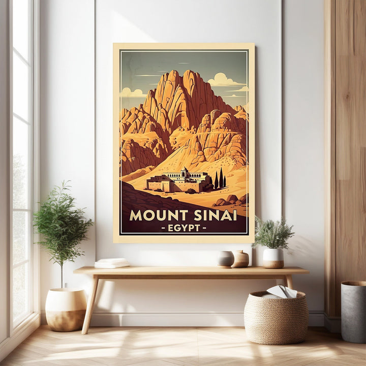 Wadi Home vintage Mount Sinai Egypt travel poster featuring desert mountains and a monastery.