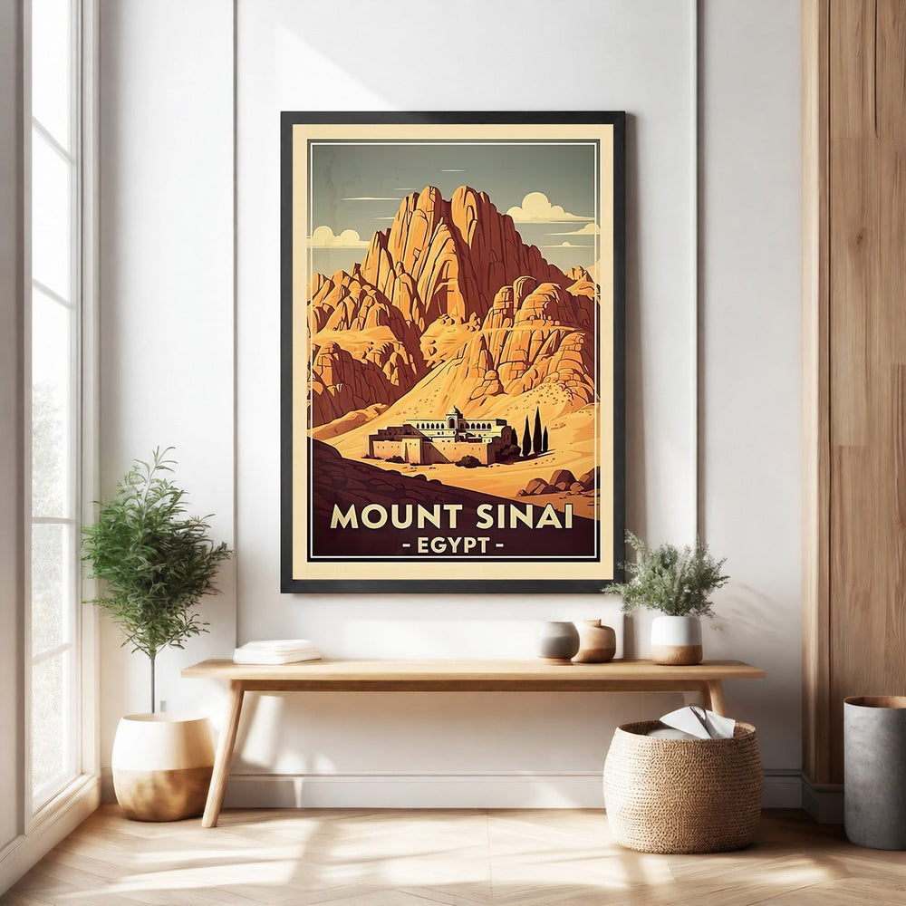Wadi Home vintage Mount Sinai Egypt travel poster featuring a stylized depiction of the mountain and monastery.