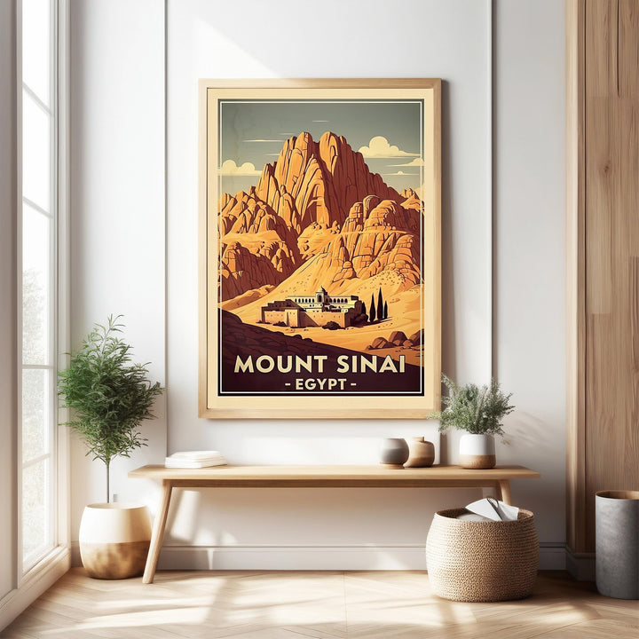 Wadi Home vintage Mount Sinai Egypt travel poster with a desert landscape and monastery.