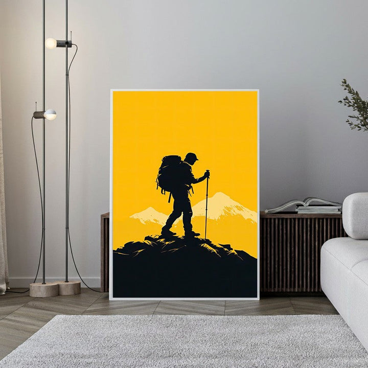 Wadi Home mountain climber silhouette art print, black hiker on yellow sky with snow-capped peaks.