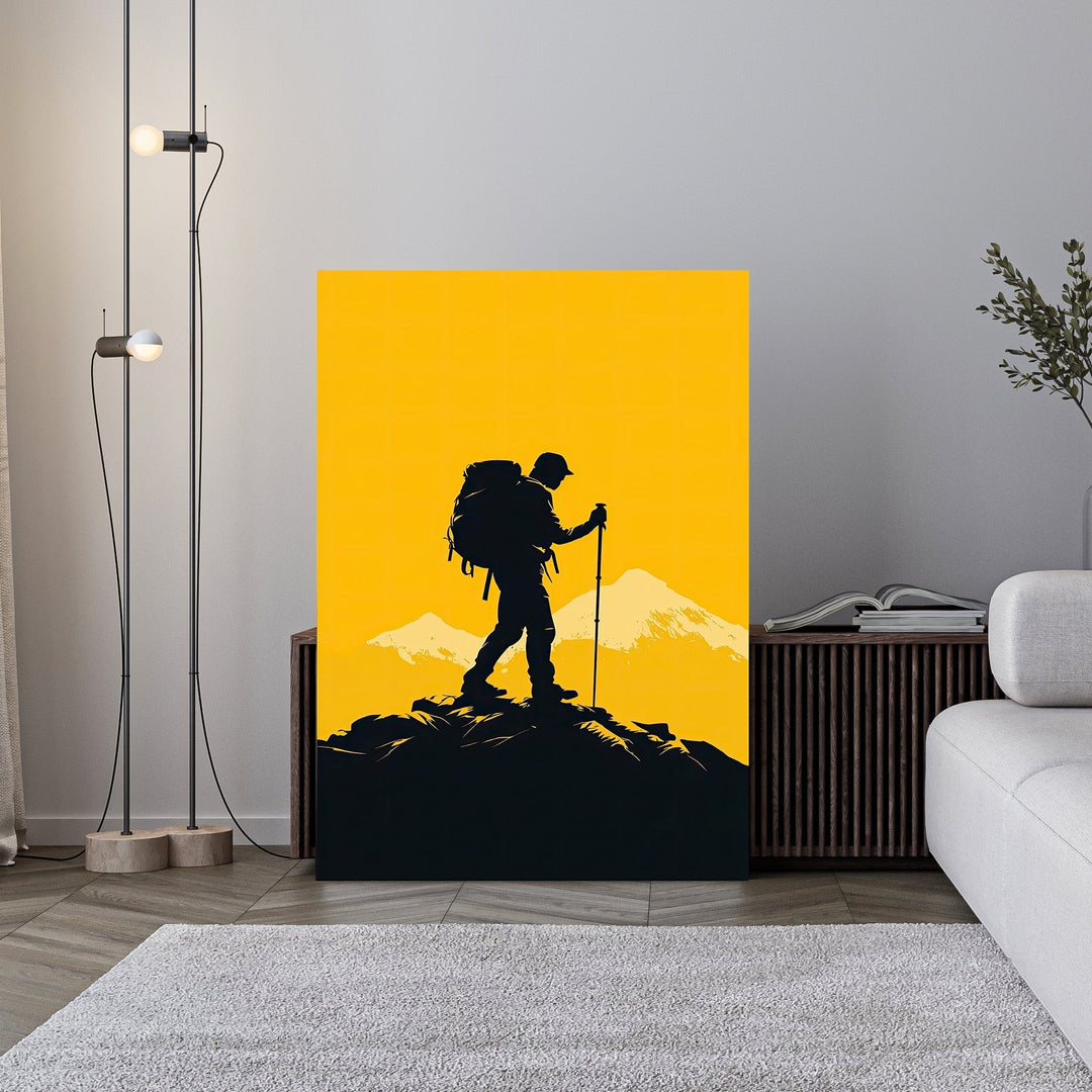 Wadi Home mountain climber silhouette art print, black hiker on yellow sky with snow-capped peaks.