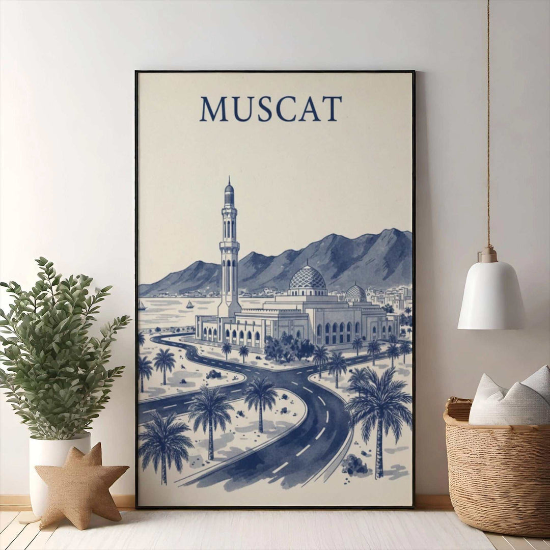 Wadi Home Muscat Mosque landscape poster in blue and white illustration. Features mosque, mountains, coastline, and palm trees.