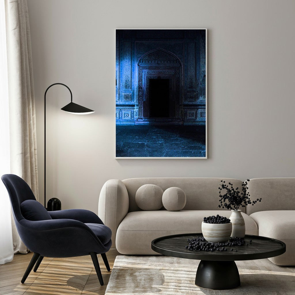 Wadi Home Mysterious Archway Wall Art, a dimly lit ornate archway with ethereal blue glow, evoking mystery and intrigue.