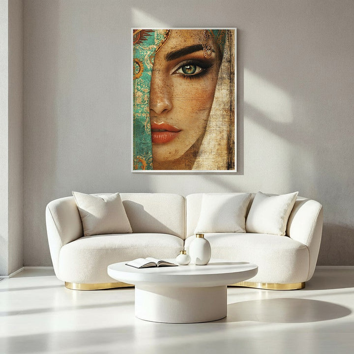 Wadi Home mysterious woman portrait wall art with striking green eyes and teal veil, warm tones, bohemian style.