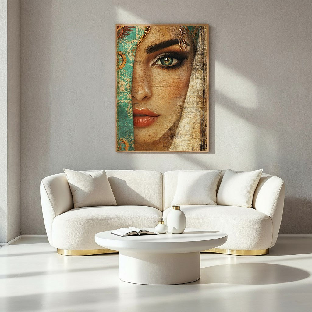 Wadi Home mysterious woman portrait wall art with striking green eyes and teal veil, warm tones, bohemian style.