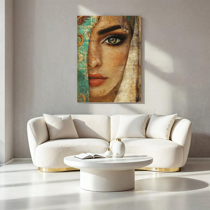 Wadi Home mysterious woman portrait wall art with green eyes and teal veil, warm tones, bohemian style.