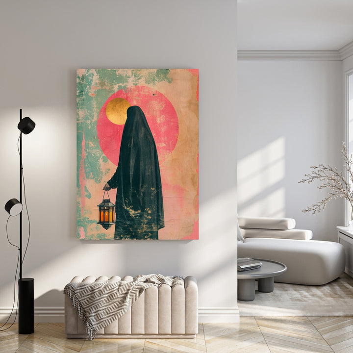 Wadi Home Mystic Lantern Woman Wall Art featuring a figure in black holding a lantern against a pink sun and textured background.