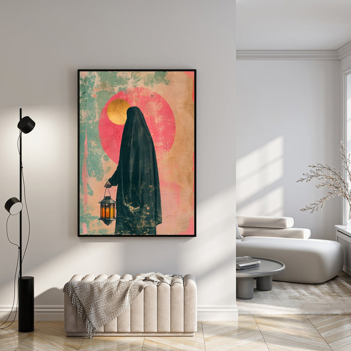 Wadi Home Mystic Lantern Woman Wall Art featuring a figure in black holding a lantern against a textured background with a pink sun.