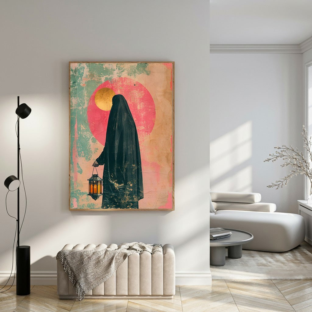 Wadi Home Mystic Lantern Woman Wall Art featuring a figure in black holding a lantern against a pink sun and textured background.