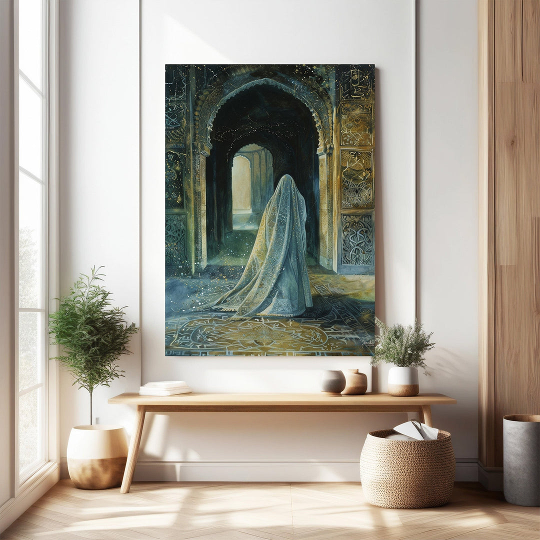 Wadi Home watercolor painting of a figure in a veil inside an ornate archway, with blue and gold hues.