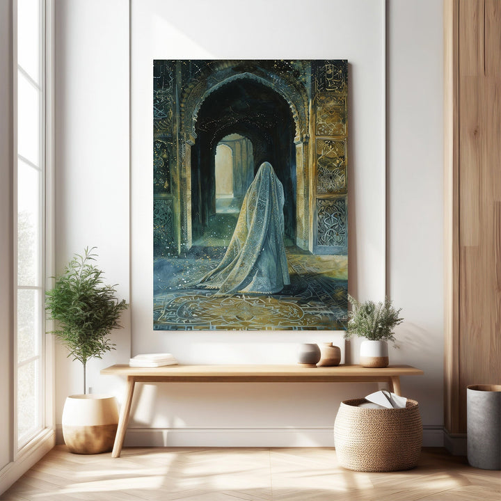 Wadi Home watercolor painting of a figure in a veil inside an ornate archway, with blue and gold hues.