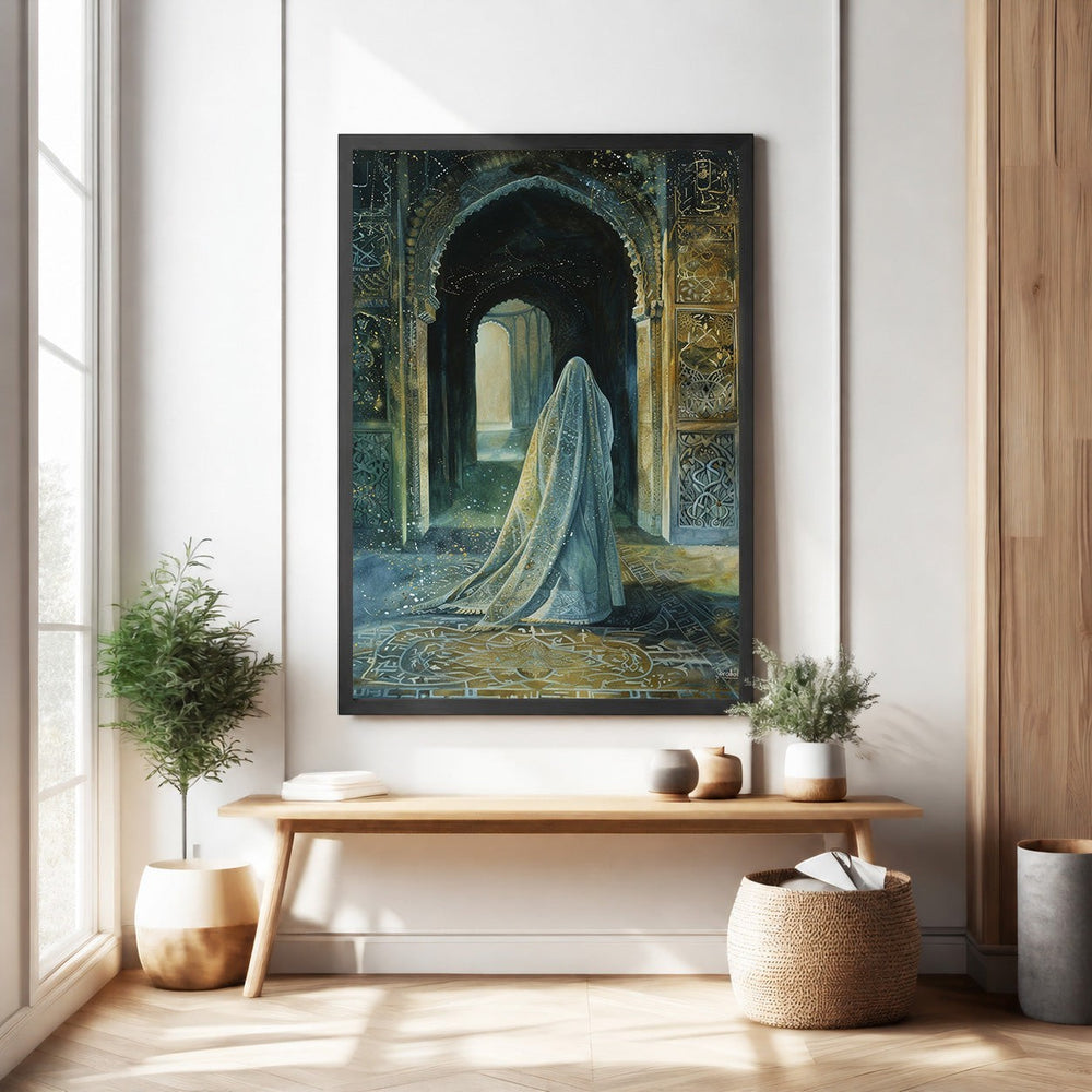 Wadi Home watercolor painting of a figure in a light veil inside an ornate archway, with blue and gold hues.